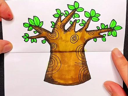 春天来了折叠画,猜猜大树里面有什么?#简笔画#折叠画 #春天你好#育儿