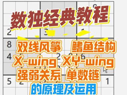 一个案例教会你 双线风筝 X-wing XY-wing 鳍鱼 单数链
#数独 #数独教程 #数独游戏 #数独技巧 #数独九宫格