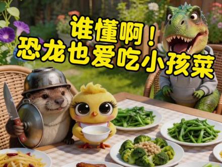 谁懂啊!恐龙也爱吃小孩菜 本以为看不上小孩菜,霸王龙一口直接沦陷!傲娇恐龙大型真香现场,笑不活了#搞笑动画#喔喔#反转剧情#刀盾狗#霸王龙