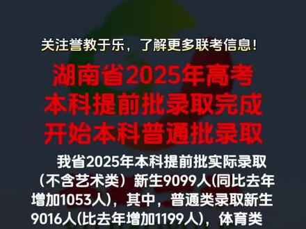 #最新消息 #湖南 #2025高考 #提前批录取结果 #高考录取
湖南省2025年普通高校招生录取工作从7月8日开始,至7月14日,已完成本科提前批普通类、体育类和职高对口类录取工作,包含保送生、强基计划、军事、公安、飞行学员、公费师范生、优师专项、农村订单定向免费医学生和航海类院校(专业);全国重点马克思主义学院的马克思主义理论专业以及经教育部批准的安排在本科提前批的其他高校(专业);省外高校综合评价招生和我省的核产业特岗生等本科层次招生院校(专业)。我省2025年本科提前批实际录取(不含艺术类)新生9099人,其中,普通类录取新生9016人,体育类录取新生64人,职高对口类录取新生19人。我省空军、海军招飞录取218人,其中空军招飞录取人数连续多年居全国第一。
我省本科批录取从7月15日开始,至8月1日结束。其中,7月15日-16日,进行本科批特殊类型(高水平运动队、高校专项计划、中南大学综合评价录取)志愿录取;7月20日-22日,进行本科批(不含特殊类型)志愿投档录取。本科批普通类、体育类安排两次征集志愿,具体安排如下:7月24日8:00-17:00,填报本科批普通类、体育类和职高对口类第一次征集志愿,7月26日-27日,进行本科批普通类、体育类和职高对口类第一次征集志愿投档录取;7月29日8:00-17:00,填报本科批普通类、体育类和职高对口类第二次征集志愿,8月1日,进行本科批普通类、体育类和职高对口类第二次征集志愿投档录取。
省教育考试院温馨提示:请特别注意本科批普通类、体育类和职高对口类两次征集志愿的填报时间分别为7月24日和7月29日的8:00-17:00,相关考生须在规定时间内完成志愿填报并提交,同时及时通过省教育考试院公布的官方查询渠道查询自己的最新录取状态,勿信不实消息,谨防上当受骗。
消息来源官方网站,仅供参考!关注誉教于乐,了解更多联考信息!