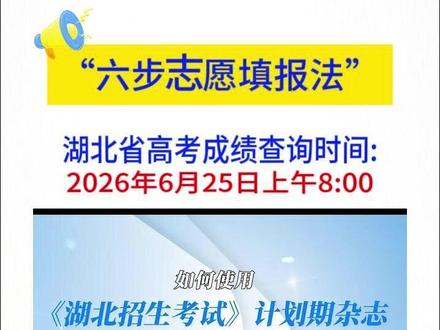 2026湖北高考六步志愿填报法 湖北省高考成绩查询时间2026年6月25日上午8:00,省招办将于当天公布2026年批次线。湖北省招生考试官方权威填报资料,以《湖北招生考试》计划期杂志、《填报志愿参考》为核心,整理出“六步志愿填报法”,一步步带你走通全过程:第一步 对照批次线,精准定位录取批次。第二步 依据位次换算参考分数。第三步 筛选目标专业组。第四步 查阅计划期杂志,核对当年招生计划。第五步 研读填报说明,核查正式招生章程。第六步 预填志愿草表,优化志愿排序。#2026高考志愿填报#2026高考成绩查询时间#志愿填报六步法#2026湖北志愿填报#2026湖北高考出分时间#复读#2027高考#武汉复读#2026复读政策
