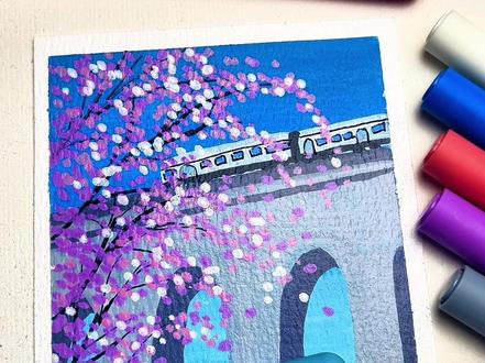 拱桥上的火车#初描丙烯马克笔 #火车 #樱花 #画画#拱桥