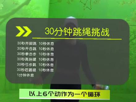 第3集:时长30分钟跳绳音乐完整版跟练,暴汗燃脂消耗卡路里,最好的跳绳减肥方式是跳绳+休息循环进行挑战脂肪。音乐和跳绳结合让跳绳不容易卡绳,享受运动带来的快乐。会点花式跳绳会更有趣。不会花式跳绳的可以自由跳。跳完后要记得做拉伸哦。每天坚持跳绳打卡会有不一样的收获#跳绳音乐 #跳绳 #跳绳减肥 #跳绳暴汗燃脂瘦全身#跳绳打卡