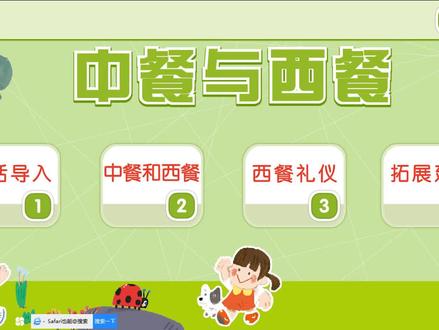 #幼儿园 #幼教资源共享 ##网课 #社会活动#中餐与西餐
社会《中餐与西餐》
活动目标:
1.对中西饮食文化感兴趣
2.了解中餐、西餐的主要差异,知道吃西餐的基本礼仪
3.能根据自己的经验判断人们吃西餐礼仪的对与错