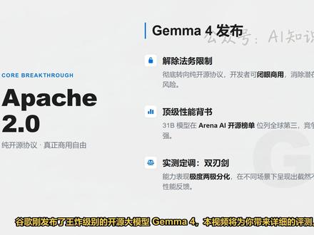 Gemma 4全系列评测:纯开源协议支持商用 Google发布Gemma 4,彻底转向Apache 2.0纯开源协议。本文详细对比31B、26B MoE及端侧模型在编程、语音、视觉及显存部署上的真实表现,并提供针对不同显存配置的部署建议与避坑技巧。#Gemma4 #Google #开源大模型 #本地部署 #AIAgent