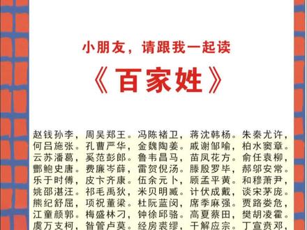 《百家姓》你都会念吗?全文568个字,其中单姓444个,复姓60个。通篇采用四言体例,句句押韵,不仅读来顺口,易学好记,而且对于中国姓氏文化的传承、中国文字的认识等方面都起了巨大作用,所以能够流传千百年,还成为了古人的启蒙教材。明代理学家吕坤曾说过:“初入社学八岁以下者,先读《三字经》以习见闻,读《百家姓》以便日用,读《千字文》以明义理。#国学经典 #学前教育