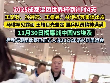 2025成都混团世界杯倒计时4天,王楚钦、孙颖莎、王曼昱、林诗栋等集体出发,马琳罕见露面,王皓目光坚定,国乒队员精神满满!#国乒加油 #王楚钦 #孙颖莎