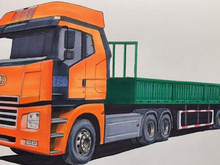 手绘解放J6H半挂牵引车,平地板驾驶室