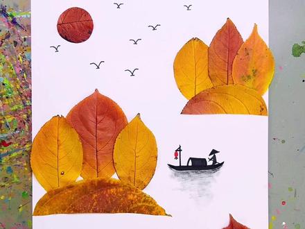 秋天风景树叶画,简单有意境。#树叶画#跟着抖音学画画