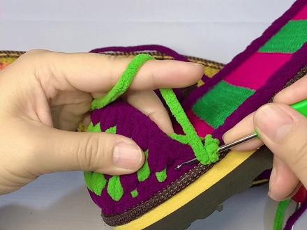 #纯手工毛线拖鞋 钩鞋如何补空