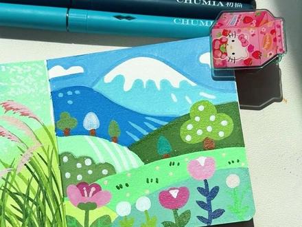 30 秒学会|春日气息,把春日浪漫藏进画里🌿 #画画 #翻翻乐 #春天 #风景画 #初描丙烯马克笔