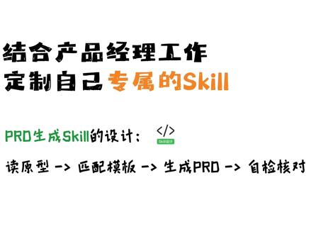 产品经理定制专属PRD生成Skill Skill是AI的技能库,产品经理需要学会定制自己专属Skill,生成符合自己要求的SKill。
PRD生成Skill设计思路:读原型->匹配模板->生成PRD->自检核对。让AI按照你的思路,生成高质量、可控、结构化的PRD文档。
揉碎了讲,让你也可以写出适用自己工作的PRD生成Skill!
#PRD生成#ai原型#skills#trae#ai产品经理
