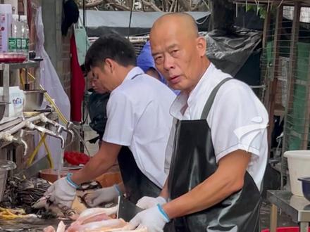 4月5日,佛山顺德的莫氏鸡煲人气依旧火爆,正在斩鸡的老板回应鸡是不是冷冻鸡:“肯定是啦,冷冻也要斩”被问到冷冻鸡为什么带毛时,老板无奈一笑。(广东台记者 黄晓龙)