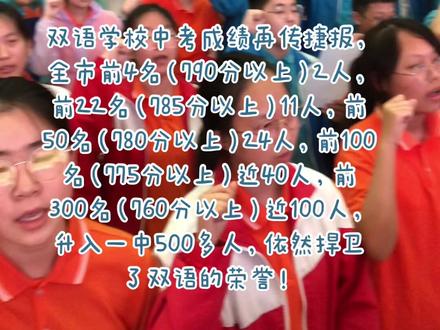 双语学校中考成绩再传捷报,全市前4名(790分以上)2人,前22名(785分以上)11人,前50名(780分以上)24人,前100名(775分以上)近40人,前300名(760分以上)近100人,升入一中500多人,依然捍卫了双语的荣誉!