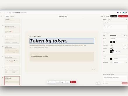 open-slide 这个开源项目可以通过 Agent + Skills 制作幻灯片(PPT)。
它不是简单生成Markdown,而是把每张幻灯片做成React组件,固定1920×1080画布,内置agent技能:
- /create-slide:一句话prompt就能生成完整deck
- /apply-comments:在浏览器里点元素留评论,agent一键应用所有修改
- 内置演示模式、演讲者笔记、定时器
- 一键导出HTML/PDF
- 支持Claude Code、Cursor、Codex等任意编码agent
最重要的是,它把agent从“聊天生成文字”升级成了“真正能输出可呈现成品”的生产力工具。
GitHub:github.com/1weiho/open-sl…
Demo:demo.open-slide.dev
#skill #slide #ppt #claude #幻灯片