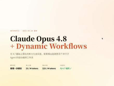 ClaudeOpus4.8+DynamicWorkflows Anthropic 昨天发布了 Claude Opus 4.8,同步推出 Dynamic Workflows。这期视频把这个东西从原理到实测完整拆解一遍:为什么普通多 Agent 会被上下文撑死、Dynamic Workflows 怎么把中间状态移出上下文、和 n8n / Kimi 蜂群的本质区别是什么、以及怎么在 Claude Code 里直接跑起来。
#ClaudeOpus #DynamicWorkflows #ClaudeCode #AIAgent #Anthropic