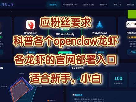 openclaw龙虾科普,各种虾官网部署入口 博主自己用龙虾搭了个网站,里面有龙虾的科普以及各个龙虾的官网部署入口,方便新手小白零基础学习 #openclaw #qclaw #workbuddy #arkclaw #copaw