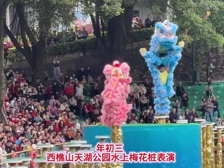 西樵山天湖公园水上大型醒狮表演舞台#人山人海太热闹了