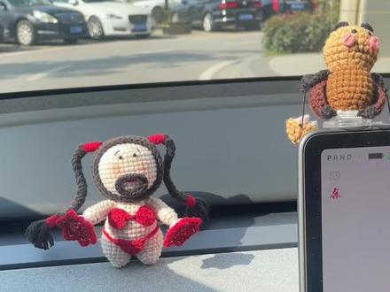 让我看看你们车上的装饰玩偶!这是我的,我老婆钩织的玩偶,我女儿画的车身涂装!#特斯拉装饰摆件 #钩织毛线玩偶 #挪车牌钩织教程 #特斯拉涂装 #特斯拉