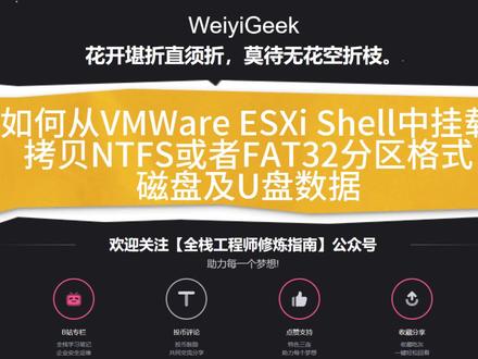 #VMwareESXi
如何在 VMWare ESXi 中挂载并拷贝 NTFS 或者 FAT32 磁盘分区及U盘中的文件? 即在不擦除数据的情况下将NTFS磁盘装入ESXI(Mount Ntfs Disk into ESXI Without Wiping Data)。
使用过ESXi的朋友都知道其无法直接挂载NTFS格式的磁盘分区,所以当我们需要拷贝移动磁盘中的数据到ESXi中时会陷入一种困境,而本小节通过择中的方式另类实现磁盘的挂载以及移动设备中数据的拷贝。