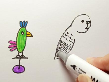 一家三口画鹦鹉,一定要看到最后。笔没水了,特殊时期凑合看吧#简笔画