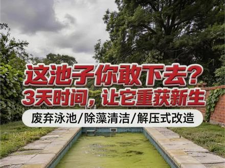 就这长满绿藻的废弃泳池,别说游了,你敢伸手碰一下吗?#AI改造 #泳池改造 #改造前vs改造后 #清洗泳池 #解压视频
