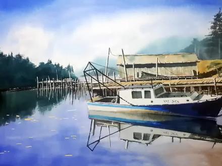 水彩:湖面上安静停泊的快艇