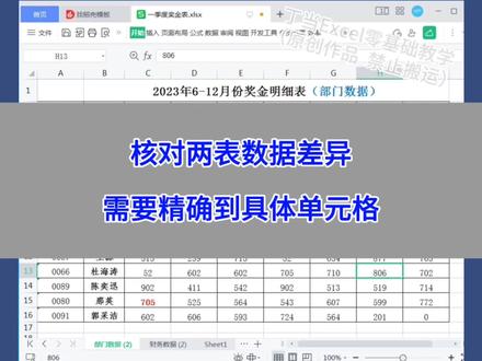 Excel:核对两表数据差异,需要精确到具体单元格,不使用函数的方法,#wps #excel #办公技巧 #电脑 #干货分享