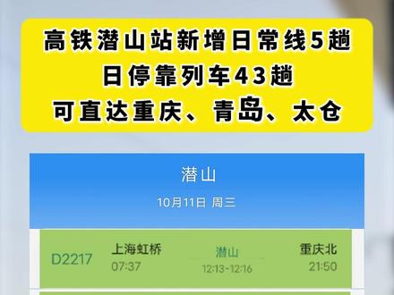 高铁潜山站新增日常线5趟 #潜山站#高铁#新列车运行图