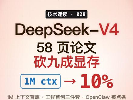 DeepSeek-V4 不开发布会,砍九成显存 DeepSeek-V4 预览版凌晨悄无声息上线,没有发布会、没有宣传片,只有一篇 58 页技术报告。
但内容是真硬:
· 1M 上下文成为标配,KV 缓存只剩老版本 10%
· 三个全新结构:CSA + HCA + mHC
· MegaMoE 内核已开源到 DeepGEMM,比上一代 SOTA 快 92%
· FP4 量化感知训练 + bitwise 一致,开源框架尚未实现的工程动作
· 论文藏了一行话:同一份代码 NVIDIA 和华为昇腾都跑通了
最后一个彩蛋:公告里点名适配的 Agent 产品,除了 Claude Code,还有海外刚火的 OpenClaw(@steipete 的开源个人 AI 助手)。
论文原句摘抄:
"DeepSeek-V4-Pro-Max outperforms Claude Sonnet 4.5 and approaches the level of Opus 4.5"
"trails state-of-the-art frontier models by approximately 3 to 6 months"
技术报告 58 页全篇硬货,HuggingFace 搜「DeepSeek-V4-Pro」即可下载 PDF。
#DeepSeekV4 #大模型 #开源AI #AI日报 #程序员日常