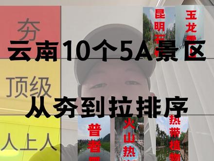 云南10个5A景区,从夯到拉排序 云南的旅游资源,应该是全国最丰富的了,几乎涵盖了所有种类的自然风光。最推荐的就是昆明石林和玉龙雪山。腾冲热海和热带植物园也挺有特色,还有非常多的非5A景区,也很值得去。#玉龙雪山 #昆明石林 #5a级景区 #云南旅游 #从夯到拉