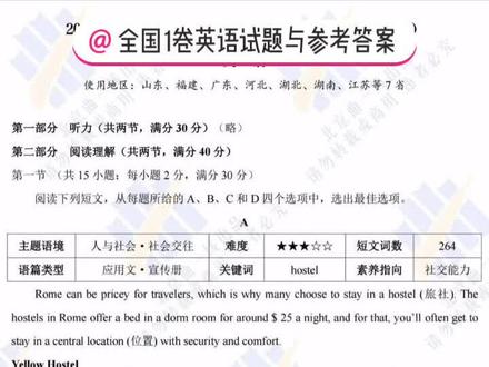 全国1卷英语试卷与参考答案