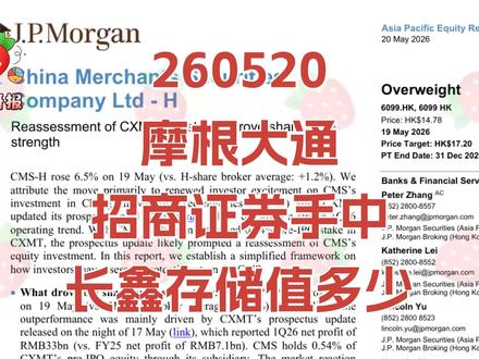 小摩:招商证券手中长鑫存储价值 260520 摩根大通 招商证券:手中长鑫存储价值多少? #摩根大通 #研报 #招商证券 #长鑫存储 #半导体 #存储 #内存 #投资 #财经 #股票