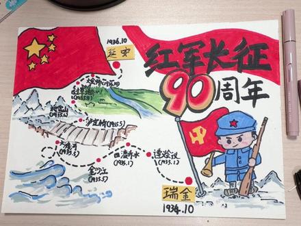 红军长征胜利90周年!#红军长征 #画画 #长征 #手抄报