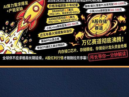 史诗级暴涨!存储芯片涨疯了,A 股万亿赛道彻底沸腾! 2026 年 2 月 28 日,国家发改委价格监测中心披露的核心数据,引爆全球科技与资本市场:存储芯片行业迎来史诗级涨价潮,价格涨幅刷新十年纪录,涨价冲击波已全面蔓延至消费电子终端,A 股存储赛道迎来确定性爆发机遇。
#存储芯片 #内存涨价 #手机涨价