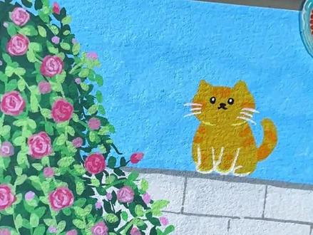 30 秒学会蔷薇花墙!白墙橘猫 + 粉花的春日治愈直接拿捏! #画画 #蔷薇 #风景画 #简笔画#恩米丙烯马克笔