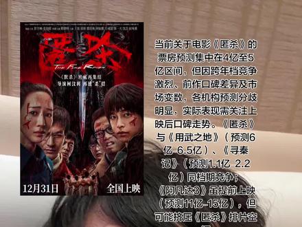 柯汶利“杀系列”前两部《误杀》《默杀》均破13亿票房,奠定观众基础;
但《默杀》被指“口碑拉胯、用力过猛”,若《匿杀》质量未提升,可能制约票房上限
同期近40部影片扎堆贺岁档,且《无名之辈:意义非凡》延期导致跨年档主力空缺,或影响大盘热度;
猫眼平台显示《匿杀》“想看人数”达14.1万,宣发主打“暴爽跨年”“悬疑反转”,但需面对合家欢喜剧《过家家》(预测1.2亿)的分流
彭昱畅转型突破(减肥增肌形象获关注) + 张钧甯演技加持,主演号召力成变量;
题材主打“权贵黑幕”“连环谋杀”,若剧情紧凑、反转惊艳,有望靠口碑逆袭
2025年跨年档影片竞争激烈,类型多元覆盖动作、悬疑、怀旧和温情题材,其中《用武之地》《寻秦记》《匿杀》《他年她日》四部新片引爆话题,观众关注点聚焦于影片真实感、情怀价值和悬疑尺度
跨年观影建议:追求沉浸刺激选《用武之地》,悬疑爱好者冲《匿杀》,TVB情怀党首选《寻秦记》,情侣约会锁定《他年她日》,家庭观众考虑《过家家》或《海绵宝宝》#跨年 #陈思诚 #误杀 #悬疑片 #反转剧情