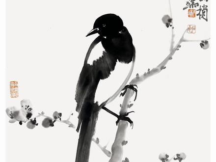 画喜鹊墨梅 用最简单的笔触画喜鹊,一看就会的画法,元旦快乐#国画 #画画 #艺术 #水墨画 #写意