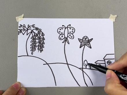 古诗《村居》诗配画!草长莺飞二月天,拂堤杨柳醉春烟。#简笔画 #儿童画 #小学生手抄报 #诗配画手抄报