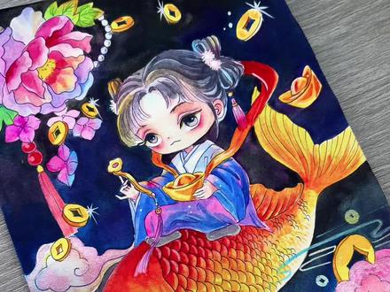小财神驾到,乘着锦鲤把福运洒满你的2026~愿你新的一年:如锦鲤跃龙门,事业腾飞!似财神常眷顾,惊喜连连!#抖音年味艺术图鉴 #画个财神接好运 #锦鲤 #艺术在抖音 #水彩