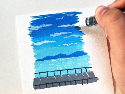 30秒三支笔画一幅海边风景图#风景图#海边#绘画