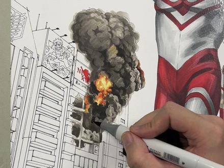 怎样用马克笔画这样的浓烟滚滚,学会可以挑战一下原子弹爆炸的蘑菇云#马克笔绘画 #奥特曼手绘 #绘画教程