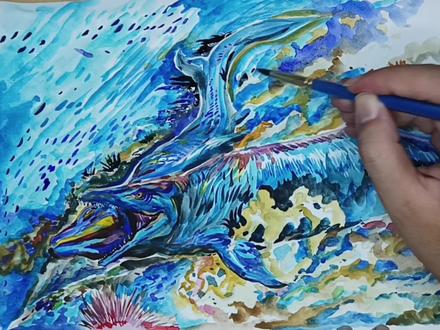 手绘沧龙打架#沧龙 #古生物 #绘画#水彩#绘画过程