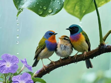 在树叶底下躲雨的小鸟!温馨时刻#治愈系#下雨天 #即梦ai