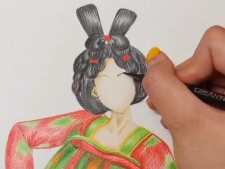 让我们来画一个唐代宴会上跳舞的宫女#绘画 #彩铅 #一起画画 #彩绘