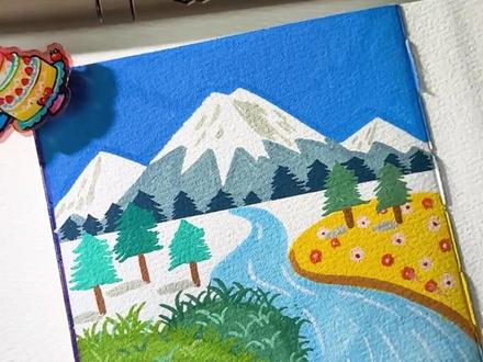 30 秒学会的雪山风景!蓝河绿林款直接清新封神!🏔️💧 #画画 #解压 #风景画 #简笔画 #初描丙烯马克笔