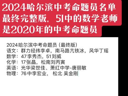 2024年哈尔滨中考命题员最终完整版名单!(注:51中的数学老师是2020年中考数学命题员,今年再次抽中)