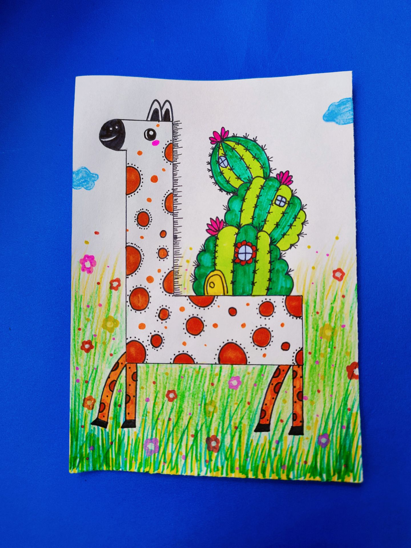 晴天97:#创意简笔画 《踏春的长颈鹿》0000春天的色彩是丰富的