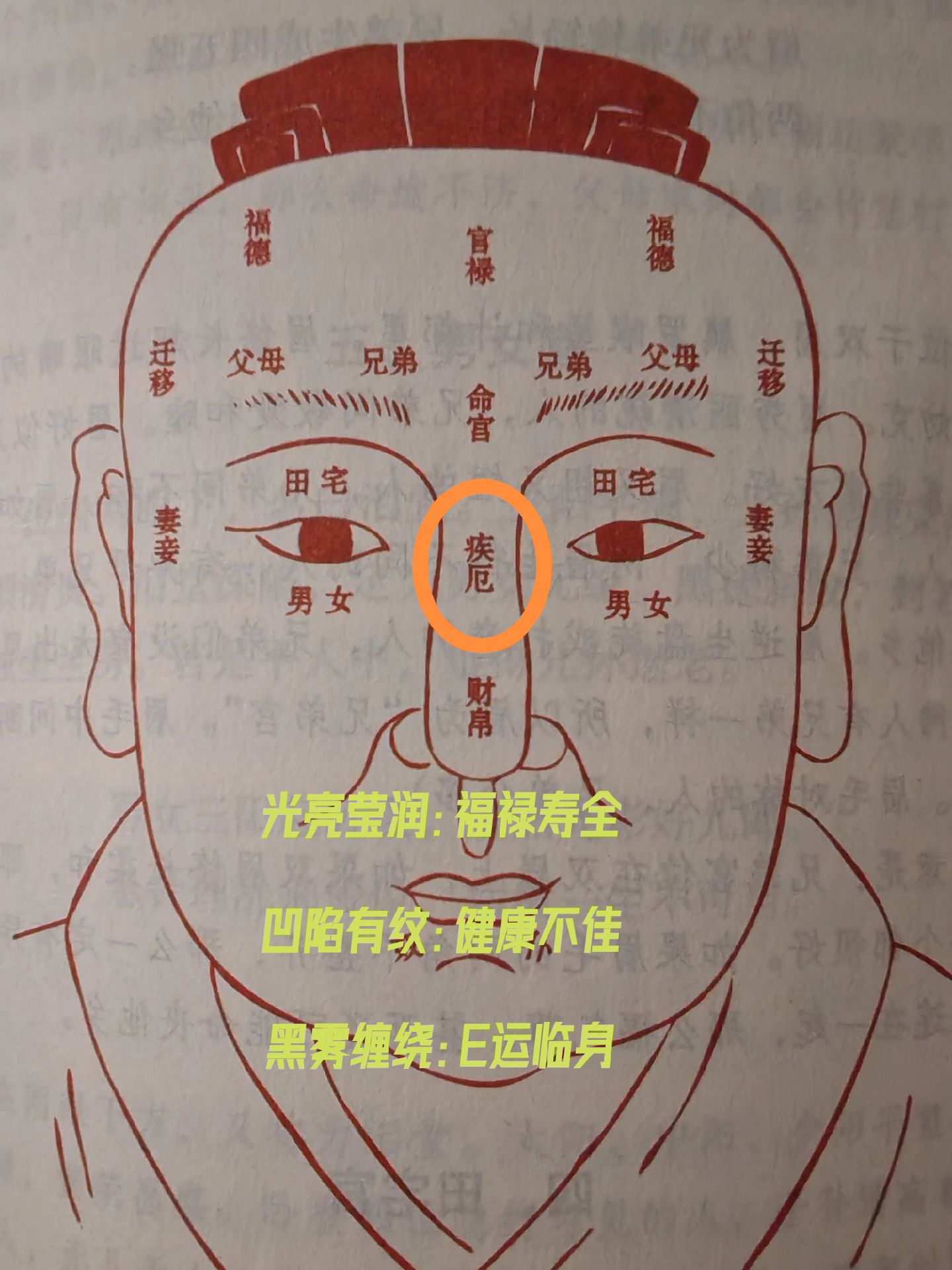 北斗星君:疾厄宫位于印堂下面的山根部位,山根就是疾厄官.