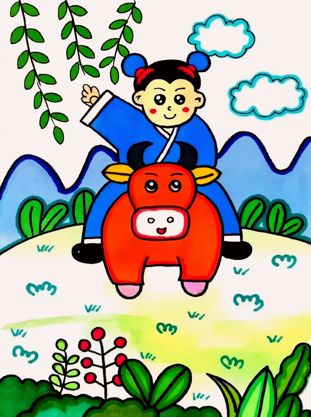 牧童骑黄牛,歌声振林樾#清明节画 #清明绘画 #清明节主题画 #清明儿童